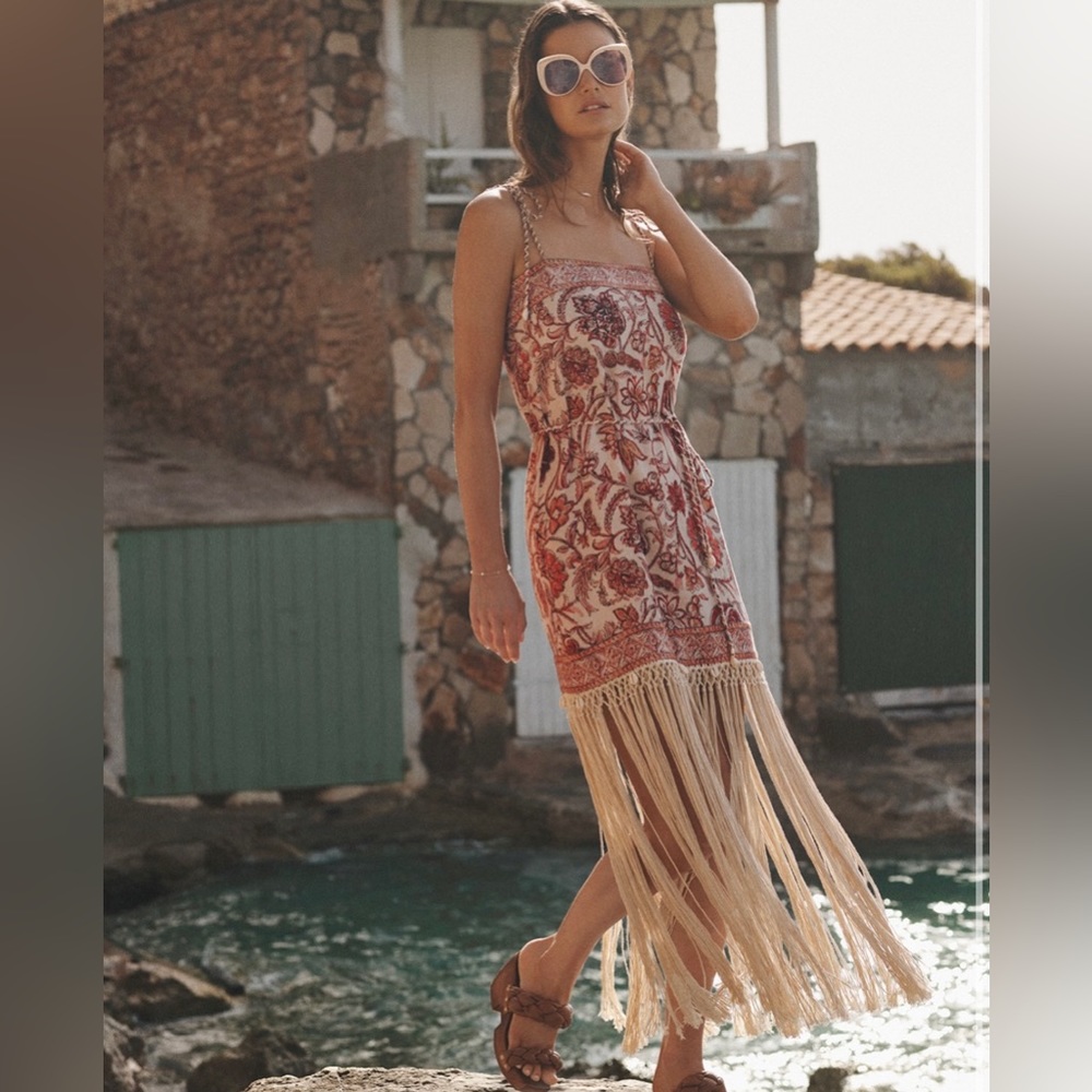 NWT ZIMMERMAN VITALI RED AND CREAM LINEN FLORAL FRINGE DRESS RESORT SIZE 0 XS